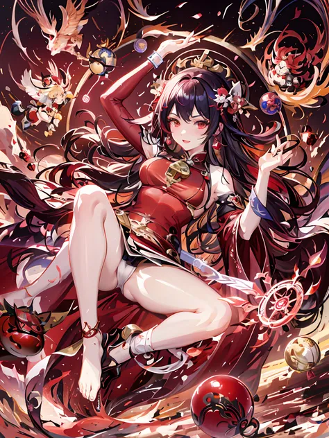 Anime girl in red cape and red dress sitting on a ball, anime goddess, very detailed Artgerm, full-body xianxia, keqing from genshin impact, by Yang J, a beautiful fantasy empress, beautiful celestial mage, anime fantasy artwork, Ayaka Genshin Impact, zhon...