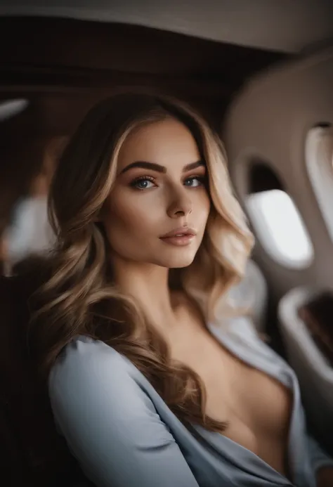 Arafed Frau im Kleid im Flugzeug, Sexy girl with brown eyes, portrait sophie mudd, blonde hair and large eyes, Selfie einer jungen Frau, Augen im Schlafzimmer, Violet Myers, ohne Make-up, Natural makeup, Blick direkt in die Kamera, Gesicht mit Artgram, dez...