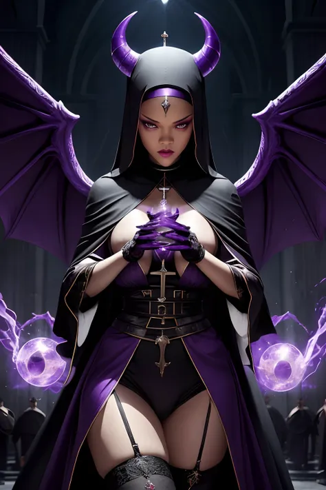 Rihanna : The evil nun, Demon horn, Demon wings on the head , sexy robe de nonne, His hands preparing a sphere of purple energy, diabolique, insidieux, His powerful magic hits the buildings of a city , Context of the Satanic Church, detailled eyes, detaile...