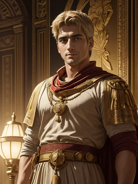 "(Best Quality, hight resolution), Portrait of Roman Emperor Constantine the Great, Standing in the Senate wearing a toga, Exudes authority and belief, hali々With a presence with. His eyes pierce like the eyes of a lion, Bright and intense focus. His smile ...