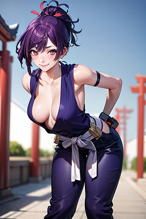 best quality, masterpiece, (leaning over:1.4), 
1girl, yuzuriha_(jigokuraku), purple hair, brown eyes, ninja, open clothes, cleavage, small breasts, topknot, medium hair, breasts apart, seductive smile, pants, undressing,  (blush:1.1),  japanese exterior, ...