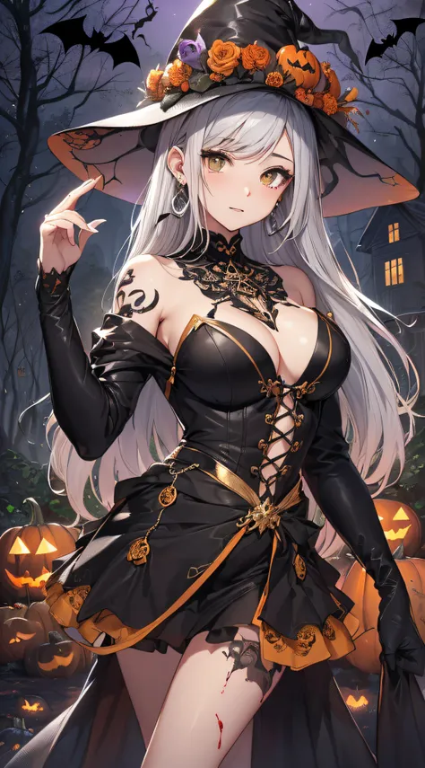 top-quality、Top image quality、​masterpiece、teens girl((18year old,Black Wizard Hat、Black and orange sexy clothes,Orange and black skirt、Orange muffler,Best Bust、Bust 85、a blond、Longhaire,silver eye、open chest wide、Valley、Happiness、A slender、Blood coating、E...