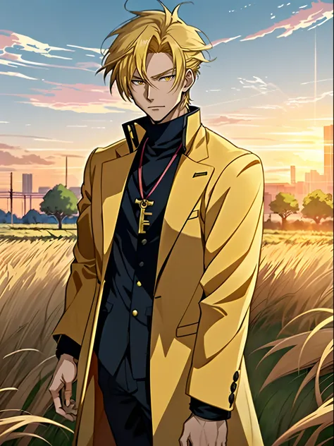 Anime boy in rye field with sunrise background, Anime handsome man，Blonde hair，yellow cat eyes，White coat, Anime portrait of a handsome man,With a sense of sacredness，Official illustration, offcial art, young anime man, Key anime art, Smooth anime CG art, ...