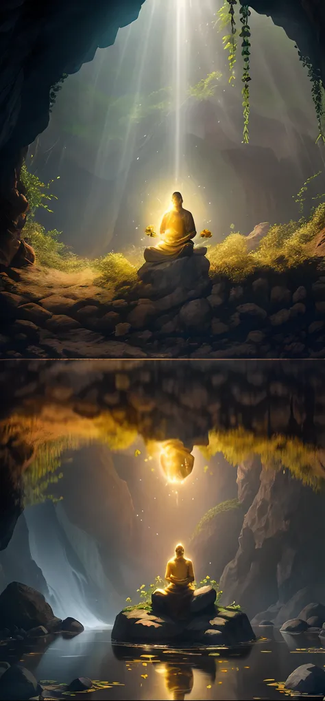 Hyper realistic, ray tracing, 8k, man meditating on a rock in the middle of a creek. He’s sitting quite inside a cave, facing the mouth of the cave. The mouth of the cave has vines flowing around. On top of the man is a small hole in roof of the cave from ...