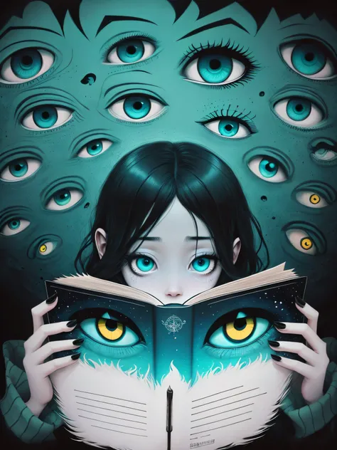 Pintura de una persona leyendo un libro con los ojos volando a su alrededor, Se lee un ojo, dark illustration, Cosmic horror illustration, mcbess illustration, Nightmare illustration, horror illustration, Ilustraciones de alto contraste, muchos ojos en la ...