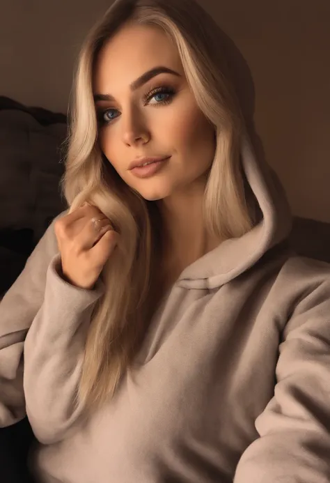 Frau mit passendem Hoodie und leggings vor Spiegel, Selfie mit iphone, Sexy girl with blue eyes, portrait sophie mudd, portrait corinna kopf, blonde hair and large eyes, Selfie einer jungen Frau, Augen im Wohnzimmer, Violet Myers, ohne Make-up, Natural mak...