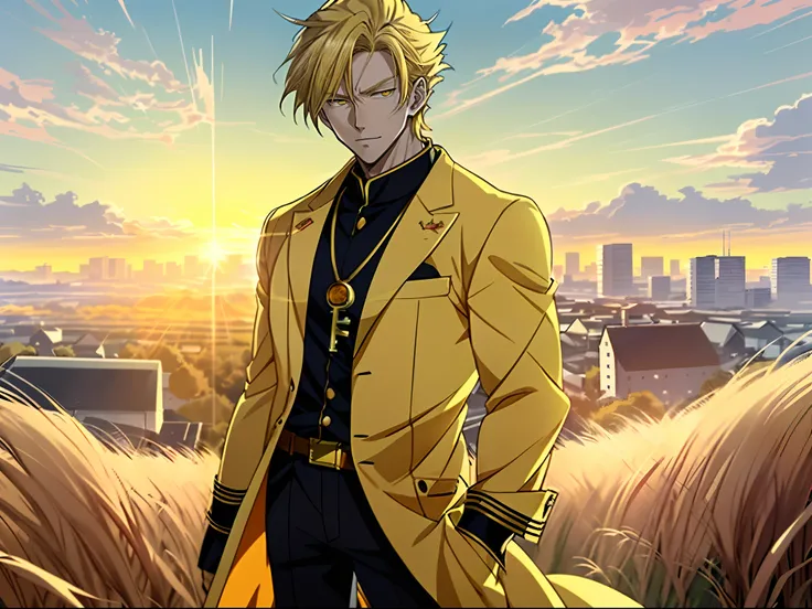 Anime boy in rye field with sunrise background, Anime handsome man，Blonde hair，yellow cat eyes，White coat，golden trim, Anime portrait of a handsome man,With a sense of sacredness，Official illustration, offcial art, young anime man, Key anime art, Smooth an...