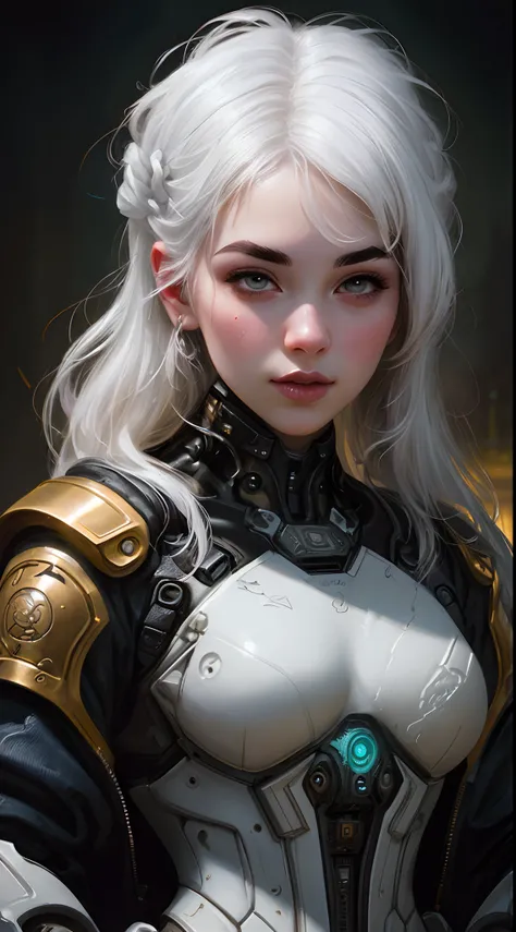 Stunning photorealistic portrait oil painting of 1 beautiful cyberpunk girl, albino, white skin, white shapeless cyberpunk hair, ((((white eyebrows)))), baroque intricate cyber armor, solo, hyperdetailed painting, luminism, Bar lighting, complex, white eye...