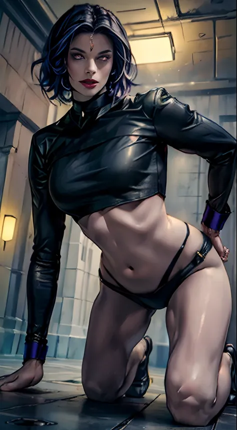 ((Realistic lighting, best qualtiy, 8k, tmasterpiece:1.3)), sharp focus, Beautiful mature Woman as rvn, hotravn, raven with Perfect Figure:1.4, Slim abs:1.1, ((dark hair)), (dark blue crop top:1.4),(exteriors,during night:1.1), (pale skin), (glowing eyes...