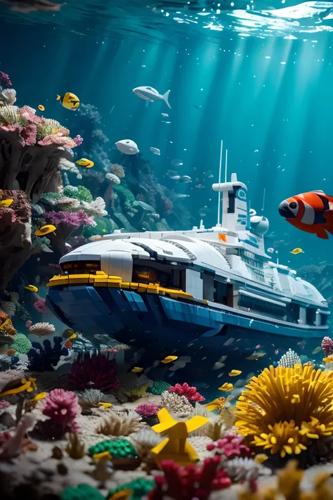 produce an ai-generated masterpiece that portrays a lego-themed submarine piloted by a man, exploring a meticulously detailed un...