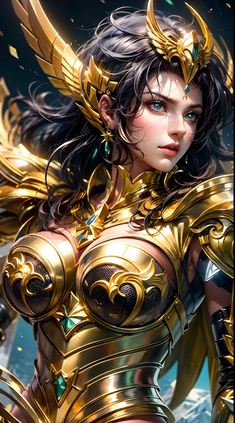 a beautiful female saint seiya, seductive body,In a bright movie light, a highly detailed depiction of Saint Seiya in their iconic Gold Armor stands out. The armor shines brilliantly with a realistic and hyper-realistic level of detail, accentuating every ...