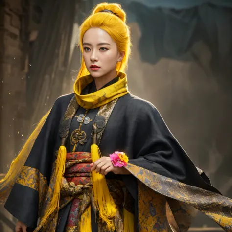 8K quality,1 girl，Backstreets，Side 32K，exteriors，Roof，People are small（tmasterpiece，k hd，hyper HD，32K）Long flowing black hair，Tang dynasty complex，zydink， a color，废墟（canyons）， （Linen batik scarf）， Combat posture， looking at the ground， Linen bandana， Chine...