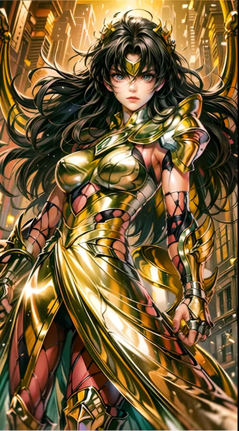 a beautiful female saint seiya, seductive body,In a bright movie light, a highly detailed depiction of Saint Seiya in their iconic Gold Armor stands out. The armor shines brilliantly with a realistic and hyper-realistic level of detail, accentuating every ...