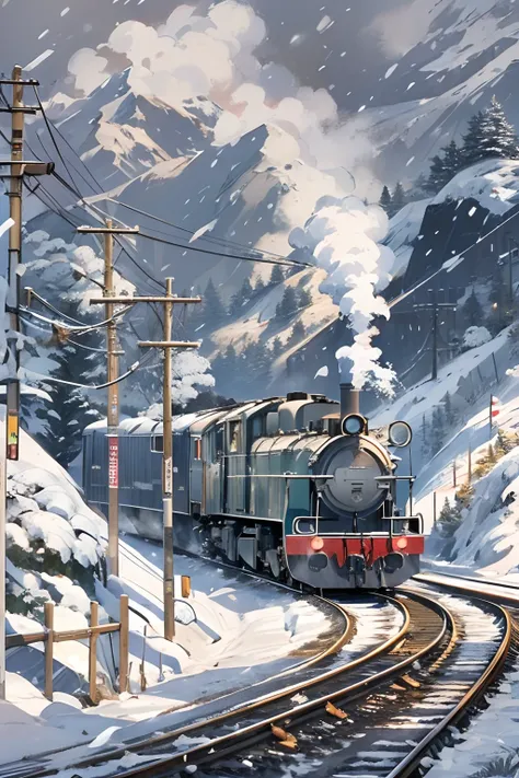 Locomotive with smoke in the center、headlight、Japan countryside、Cinematic scenery、Ghibli、Very snowy、snow blowing、snow cover、masutepiece,Best Quality,Sketch style、