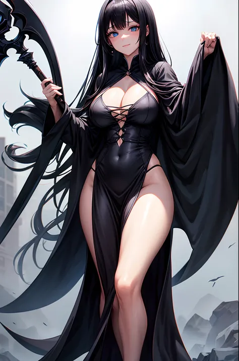 Solo. 1-woman A big-breasted beauty with long black hair. Her bangs were parted in the middle, revealing her forehead. She was the grim reaper. Dressed in the typical black robe of a grim reaper. Carrying a large scythe. She was tall. There was a sinister ...