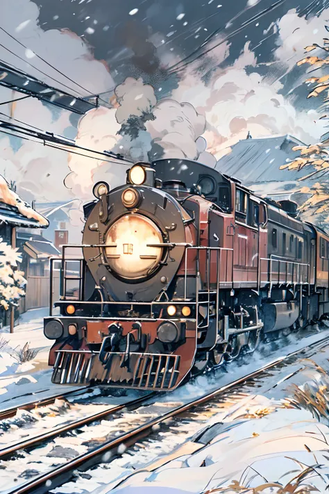 Locomotive with smoke in the center、headlight、Japan countryside、Cinematic scenery、Ghibli、Very snowy、snow blowing、snow cover、masutepiece,Best Quality,Sketch style、