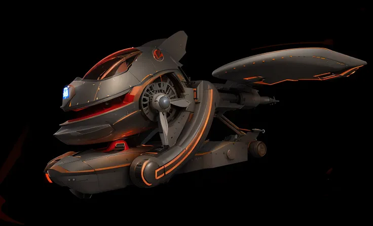 There is a futuristic vehicle with a large propeller, rendered in keyshot, re engine render, Rendered in redshift, detailed spaceship, red shift render, red shift render, spaceship concept art, greg rutkowski octane render, flying scifi vehicle, detailed c...