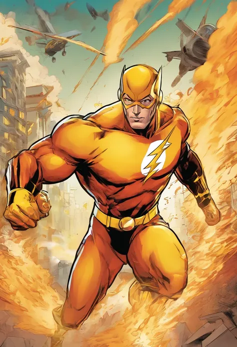 Imagine Golden Flash in various scenes of heroism—saving a crashing airplane, extinguishing wildfires, and stopping criminals in their tracks—all depicted in a rapid sequence, showcasing his extraordinary speed and agility.