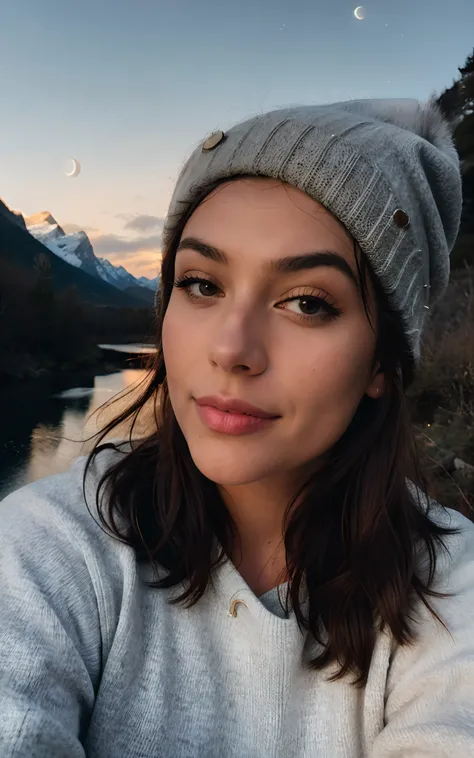 photorealistic, best quality, hyper detailed, beautiful woman, selfie photo, upper body, solo, wearing pullover, outdoors, (night), mountains, real life nature, stars, moon, (cheerful, happy), sleeping bag, gloves, sweater, beanie, flashlight, forest, rock...