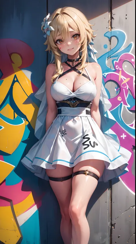 Lumine | genshin impact, master-piece, bestquality, 1girls,25 years old, proportional body, proportional., Wedding Dresses, White Wedding Dress, wedding, mediuml breasts, ,bara, choker, (Graffiti:1.5), Splash with purple lightning pattern., arm behind back...