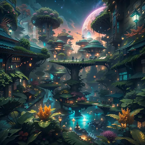 In a whimsical sci-fi world，The picture shows a sci-fi luxury city scene。Rainforest environment，Behind the luxury buildings of the city, Lush rainforest stretches through。Towering trees and colorful flowers mingle with each other，and coconut trees swaying ...