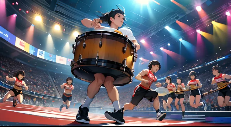 bass drum、With human legs、run、Sprint、Bass drum runs、Legs grow on the bass drum、Drums sprinting、