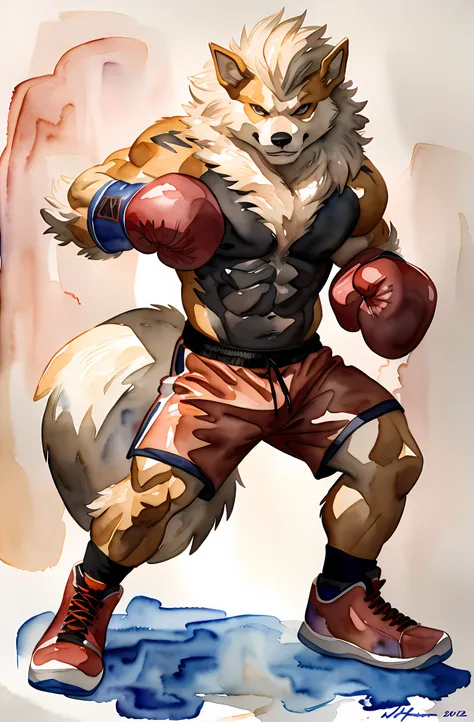 anthro Arcanine, posing for the camera, wearing boxing gloves. 4k, high resolution, best quality, posted on e621, (solo:1.2), anthro body, male, (mane:1.1), adult, masculine, (very muscular, heavyweight:1.2), correct anatomy, (white background:0.7), (water...