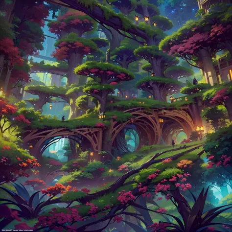 In a whimsical sci-fi world，The picture shows a sci-fi luxury city scene。Rainforest environment，Behind the luxury buildings of the city, Lush rainforest stretches through。Towering trees and colorful flowers mingle with each other，and coconut trees swaying ...