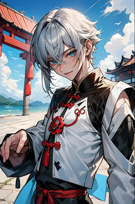 tmasterpiece，Need，超高分辨率，shoun，Chinese ancient style，(Short silver-gray hair)，blue color eyes，Libido boy,adolable，banya，The corals，Clouds，wave，Kamimei