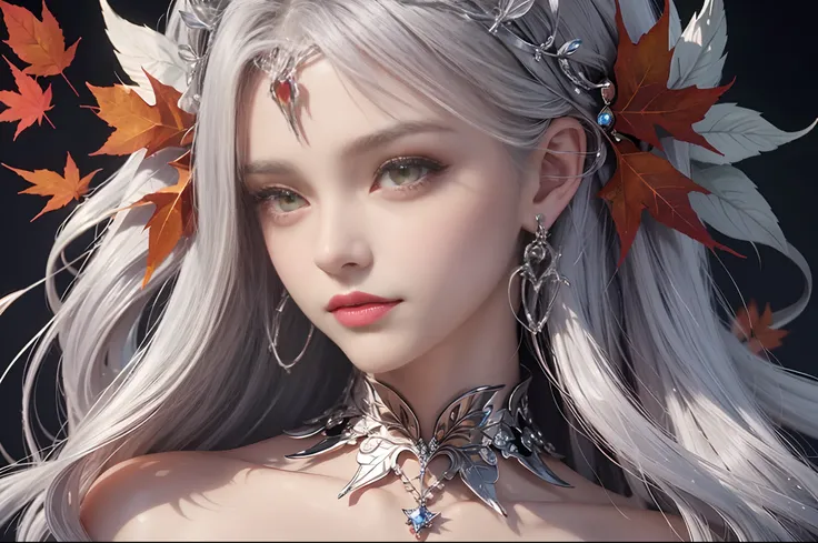 Close up of a girl with silver hair, crystal dark amber eyes and a tiara made with reddish maple leaves.