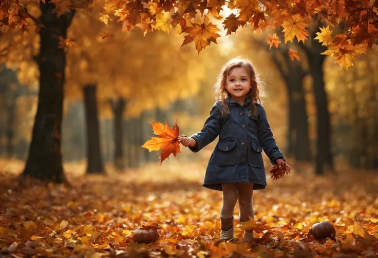 (best quality, 4k, 8k, high resolution, masterpiece: 1.2), ultra detailed, (realistic, photorealistic, photorealistic: 1.37), Autumn game for children. a cute little girl with collected dried maple leaves in her hand throws fallen dry leaves