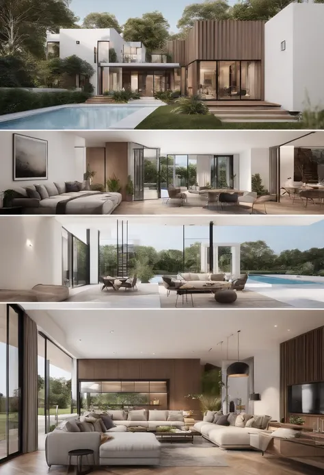 (Best quality,3D rendering of),Detached House with 3 bedrooms,Living room,Kitchen and bathroom,Spacious and bright interior,Modern design,An architectural masterpiece,Two-story building，a screenshot of a landscape with "l" Special-shaped batches,Large fron...