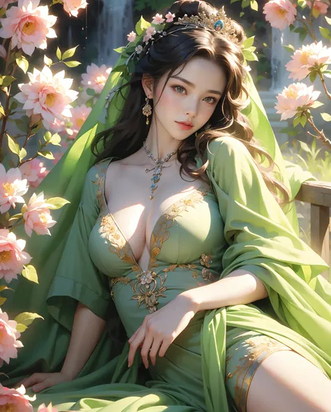 Best quality, masterpiece, meticulous detail, realistic, 1 girl, a hot beautiful princess sitting in the heavenly garden full of flowers, big breast, big hips, long leg, full body, blissful, cinematic