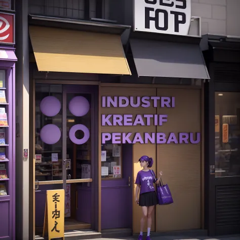 RAW Photo, outside view of the shop, Game Shop. In Tokyo, (3D Text Sign, perfect sign), (Beautiful Woman stand in front, wear purple t-shirt, Street Style, Ultra detail Face, Detail Body)