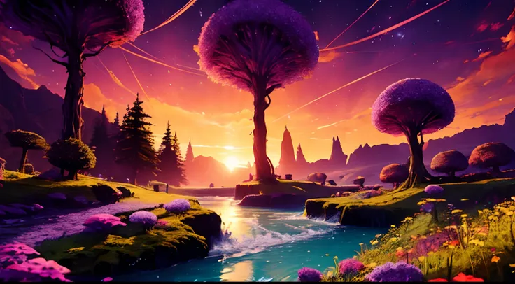 Fantasy meadow, tree with purple leaves, sunset, glowing light particles in the leaves, river