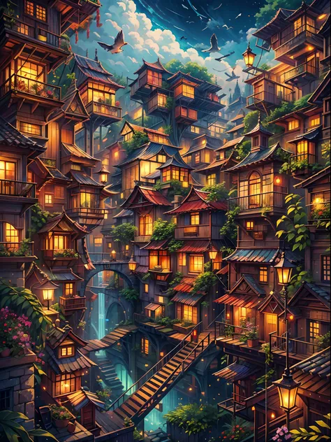 (best quality,highres,masterpiece:1.2),ultra-detailed,realistic, otherworldly city, a city on a tree, a giant world tree with long and big vines, countless houses hanging in mid-air by the vines, houses hanging on the branches of the tree, far shot, surrea...