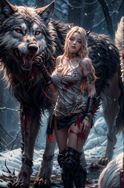 4k highly detailed realistic digital extremely high quality RAW photograph, a full body photo of margot robbie that lived with wolves her whole life,torn clothes exposing (:1.4) body, armored pauldrons, fangs, curled horns, big breasts, ((snow and blood)),...