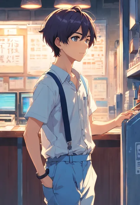 Profile art, Japanese teenager boy with Bob haircut, suspenders, blue full pants, white fabric shirt