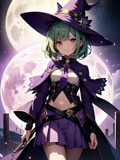 top-quality、extremely delicate and beautiful、(A teenage girl)、Purple Eye、Green hair、short-haired、(purple witch hat)、Purple tie、Soio、shortsleeves、Purple skirt、Purple Wizard Robe、Navel、is standing、Full moon night on background