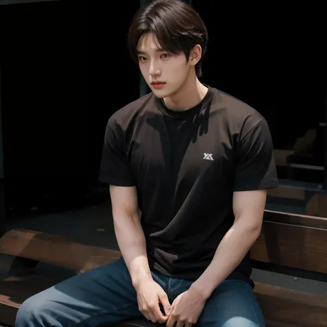 there is a man sitting on a bench in front of a building, South Korean male, he is wearing a black t-shirt, Wearing a black T-shirt, siwoo kim, Wearing a black T-shirt, Wearing a black T-shirt, korean muscle boy 2 1 years old, Shin Jinying, Handsome male, ...