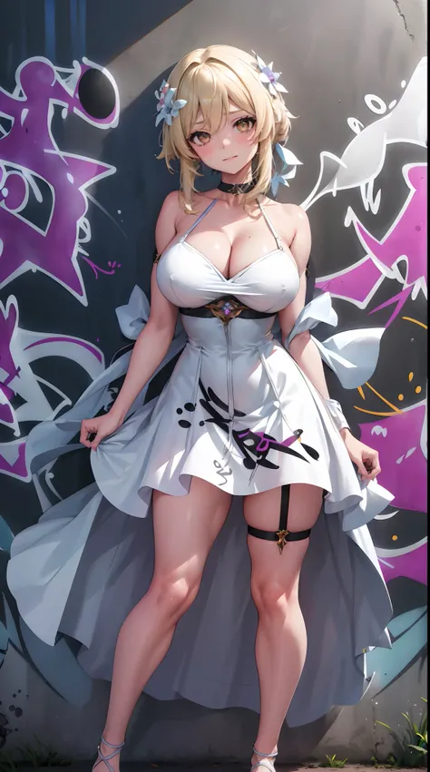 Lumine | genshin impact, master-piece, bestquality, 1girls,25 years old, proportional body, proportional., Wedding Dresses, White Wedding Dress, wedding, gigantic breasts, ,bara, choker, (Graffiti:1.5), Splash with purple lightning pattern., arm behind bac...