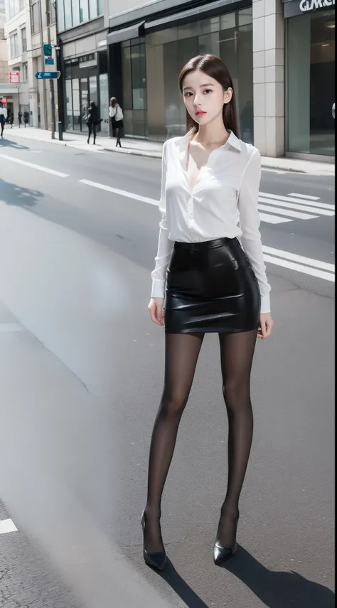 Ultra-clear resolution，top Quority，Wonderful young girl，ear studs，Clear  eyes，plain face，Gloss on lips，s the perfect face，White skin，Perfect chest，Slender legs，lacepantyhose，Gray office miniskirt，black heels，street