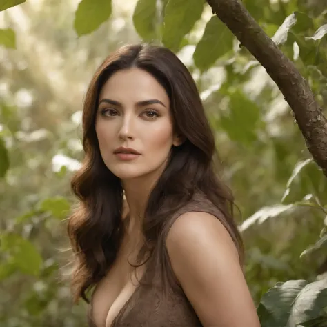 The girl of model appearance looks like Monica Bellucci and Salma Hayek , nude , Hands Behind Your Back, boobs big ,, Against the backdrop of the jungle, Large plums grow, wants to , moans a little, Hot Girl, hot weather, Large plums on a tree, leans into ...