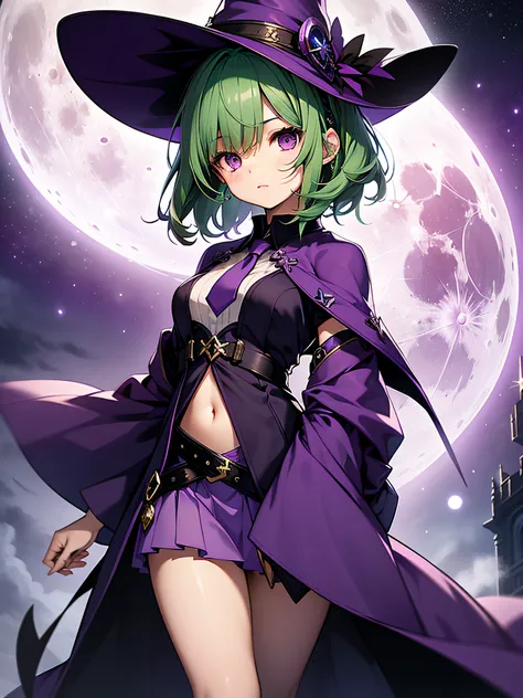 top-quality、extremely delicate and beautiful、(A teenage girl)、Purple Eye、Green hair、short-haired、(purple witch hat)、Purple tie、Soio、shortsleeves、Purple skirt、Purple Wizard Robe、Navel、is standing、Full moon night on background