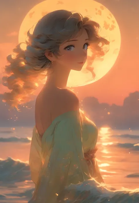 (best quality,4k,8k,highres,masterpiece:1.2),ultra-detailed,(realistic,photorealistic,photo-realistic:1.37),illustration,girl holding moon,overlooking the sea,dreamlike quality,mori-kei,long exposure,serene face,romantic use of light,bright water,beyond ar...