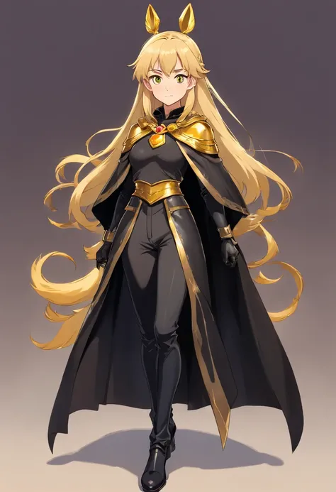 full body, ((masterpiece)), sorcerer woman, golden eyes, cute face, black cloak, black shirt, black pants, black long boots cover in golden armor, black gloves cover in golden armor, freckles, ponytail, blonde hair, standing