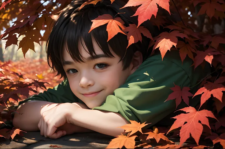 Portrait of a kid hidding his face behind big reddish maple leaves. He smiles. Autumnal forest as background. Highly detailed, illuminated by sun filtering through the trees.