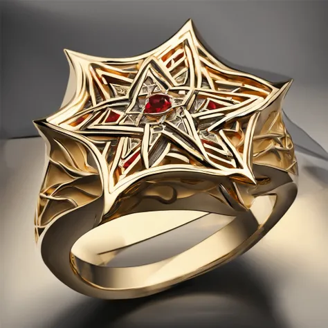 Yellow gold ring，Pentagram pattern，It shines with a noble golden light，The golden-red tone is filled with dark-style graphics，simple backgound， with black background，Simple details