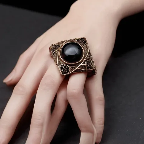 Bronze ring，Pentagram pattern，Gemstone embellishment，simple backgound， with black background，Simple details