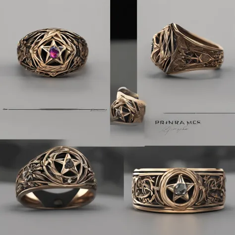 Bronze ring，Pentagram pattern，Gemstone embellishment，simple backgound， with black background，Simple details